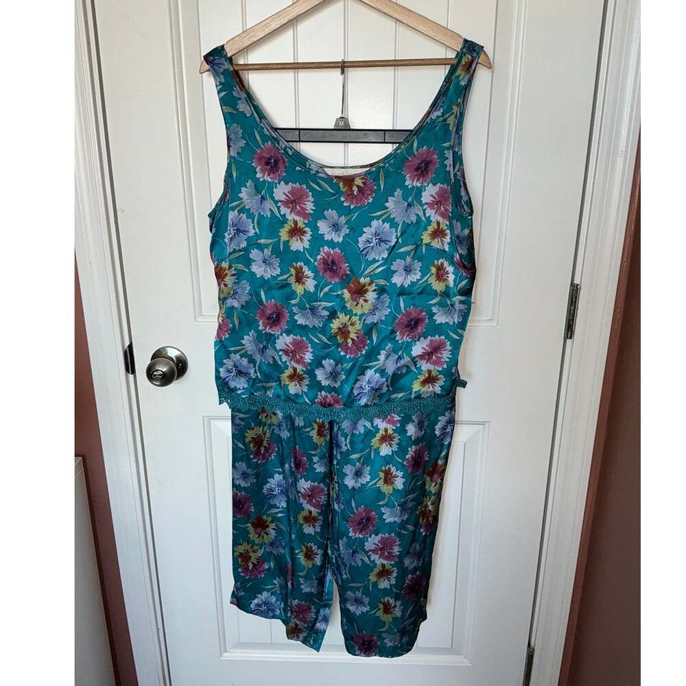 Y2K Private Luxuries Silk Floral Pajama 2pc Set Large Teal/Pink